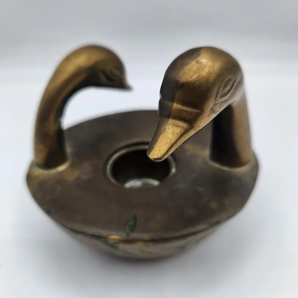 Vintage Solid Brass Double Swan Candle Holder Figurine Taper Candlestick